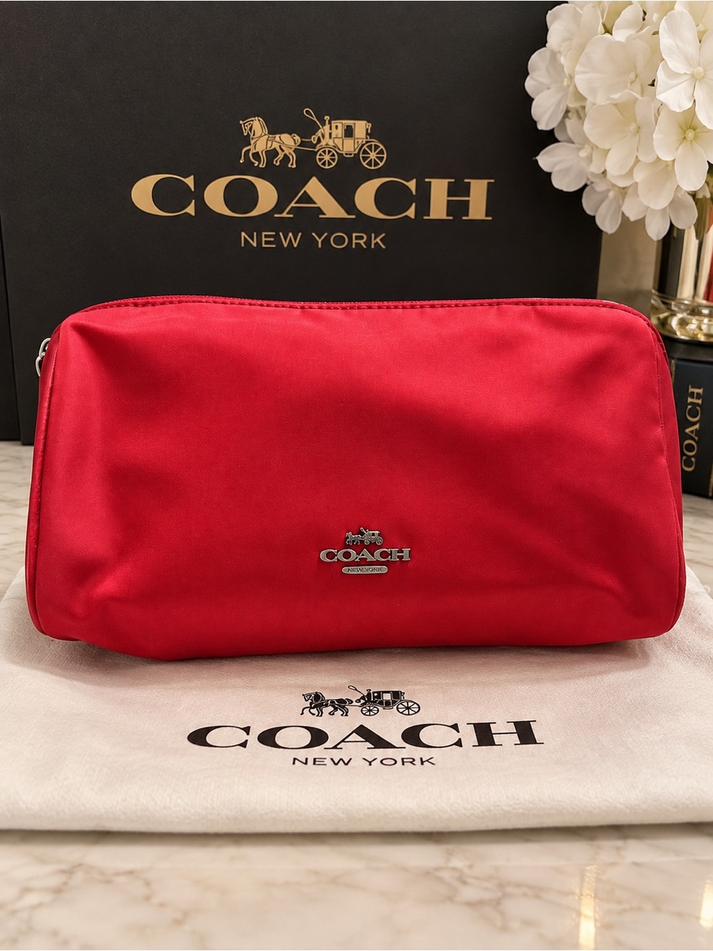 Coach Red Satin Cosmetic Pouch with Silver Logo